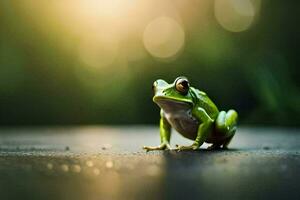 une grenouille séance sur le sol avec une brillant lumière derrière il. généré par ai photo