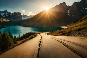 le Soleil est brillant plus de une Lac et montagnes. généré par ai photo