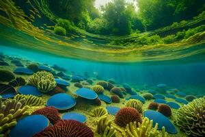 un sous-marin vue de coloré coraux et poisson. généré par ai photo