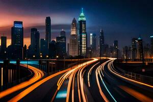 une ville horizon à nuit avec lumières sur le Autoroute. généré par ai photo