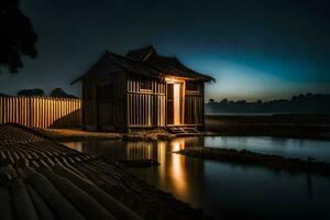 une petit en bois cabane est assis sur le rive de une Lac à nuit. généré par ai photo