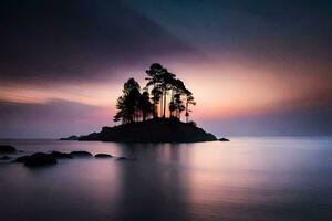 une seul arbre sur un île dans le milieu de le océan. généré par ai photo