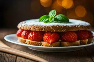 une gâteau avec des fraises sur Haut et une fourchette. généré par ai photo