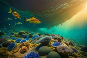 une corail récif avec poisson nager dans le l'eau. généré par ai photo