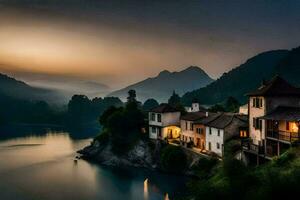 une maison est assis sur le bord de une Lac à le coucher du soleil. généré par ai photo