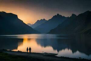 deux gens supporter sur le rive de une Lac à le coucher du soleil. généré par ai photo