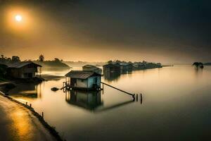 le Soleil monte plus de une corps de l'eau et certains Maisons. généré par ai photo