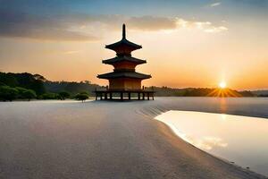 une pagode des stands dans le le sable à le coucher du soleil. généré par ai photo