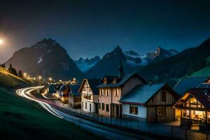 une ville à nuit avec montagnes dans le Contexte. généré par ai photo