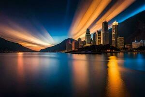 le ville horizon à nuit avec lumière les sentiers. généré par ai photo