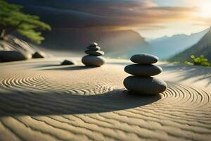 Zen rochers dans le sable. généré par ai photo