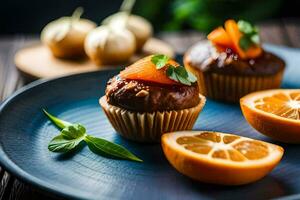 une assiette avec deux muffins et des oranges sur il. généré par ai photo