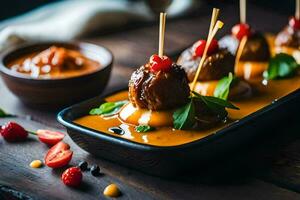 Boulettes de viande avec sauce et garnitures sur une noir plaque. généré par ai photo