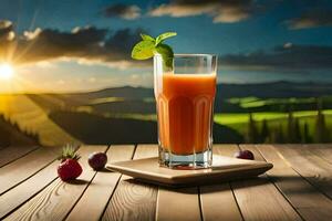 une verre de jus avec baies et une le coucher du soleil dans le Contexte. généré par ai photo