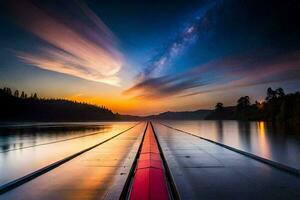 une longue pont plus de une Lac à le coucher du soleil. généré par ai photo