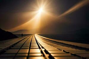 une homme en marchant sur une longue pont avec le Soleil brillant. généré par ai photo