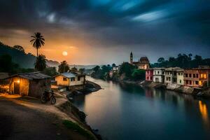 une rivière court par une village à le coucher du soleil. généré par ai photo