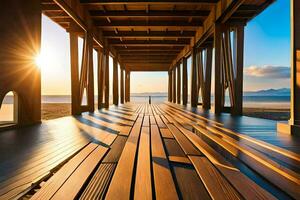 une en bois jetée avec le Soleil brillant par il. généré par ai photo