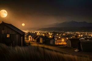 le lune est réglage plus de une ville avec Maisons et montagnes. généré par ai photo