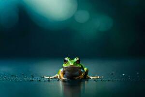 une grenouille séance sur le sol dans de face de une foncé Contexte. généré par ai photo