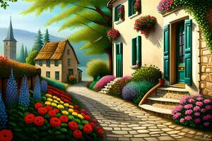 une La peinture de une maison avec fleurs et fleurs. généré par ai photo