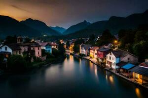 photo fond d'écran le ciel, montagnes, rivière, Maisons, nuit, Slovénie, L'Europe . généré par ai