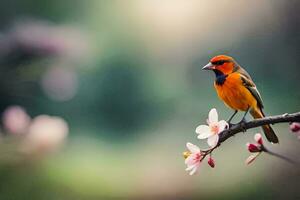 une petit Orange oiseau est assis sur une branche avec rose fleurs. généré par ai photo
