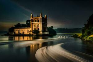 une Château est assis sur le bord de une rivière à nuit. généré par ai photo