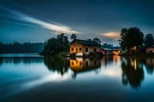 une maison sur le l'eau à nuit. généré par ai photo