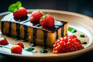 une pièce de gâteau avec Chocolat sauce et baies. généré par ai photo