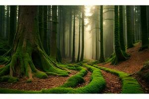 une forêt avec moussu des arbres et une chemin. généré par ai photo