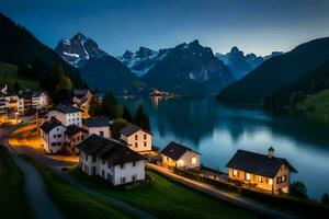 une petit village est assis sur le côté de une Lac à nuit. généré par ai photo