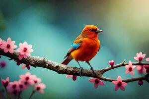 une coloré oiseau est assis sur une branche avec rose fleurs. généré par ai photo