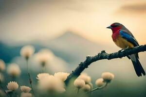 une coloré oiseau est assis sur une branche dans de face de une Montagne. généré par ai photo