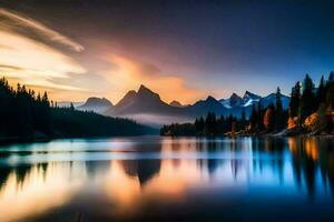 une magnifique le coucher du soleil plus de une Lac et montagnes. généré par ai photo