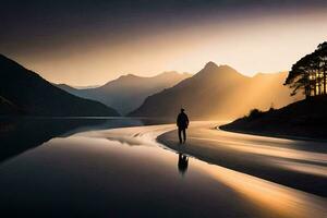 une homme des promenades le long de le rive de une Lac à le coucher du soleil. généré par ai photo