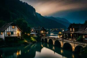 photo fond d'écran le ciel, pont, Maisons, rivière, montagnes, nuit, pont, Maisons,. généré par ai