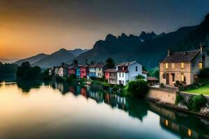 une magnifique le coucher du soleil plus de une rivière et Maisons. généré par ai photo