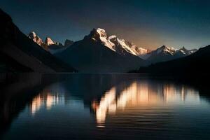 une Montagne intervalle est réfléchi dans le l'eau à le coucher du soleil. généré par ai photo