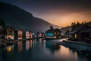 photo fond d'écran le ciel, montagnes, eau, Maisons, le village, le rivière, le le coucher du soleil. généré par ai