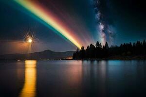 une arc en ciel plus de le Lac à nuit. généré par ai photo