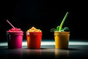 Trois coloré tasses avec fruit et des légumes dans eux. généré par ai photo