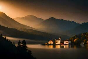 photo fond d'écran le ciel, montagnes, lac, église, coucher de soleil, le soleil, lac, le. généré par ai