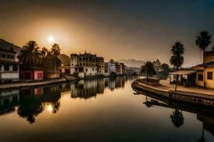 le Soleil monte plus de une rivière dans Inde. généré par ai photo