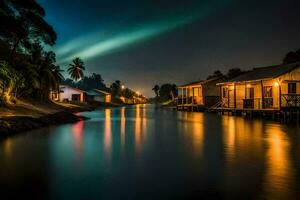 une rivière à nuit avec Maisons et lumières. généré par ai photo