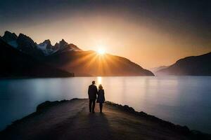 une couple permanent sur le bord de une Lac à le coucher du soleil. généré par ai photo