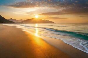 le Soleil monte plus de le océan et montagnes dans cette magnifique plage. généré par ai photo
