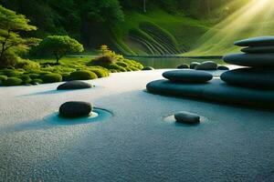une Japonais jardin avec rochers et l'eau. généré par ai photo