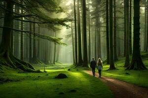 une couple en marchant par une forêt avec vert des arbres. généré par ai photo