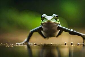 une grenouille est permanent sur le sol avec ses jambes diffuser. généré par ai photo